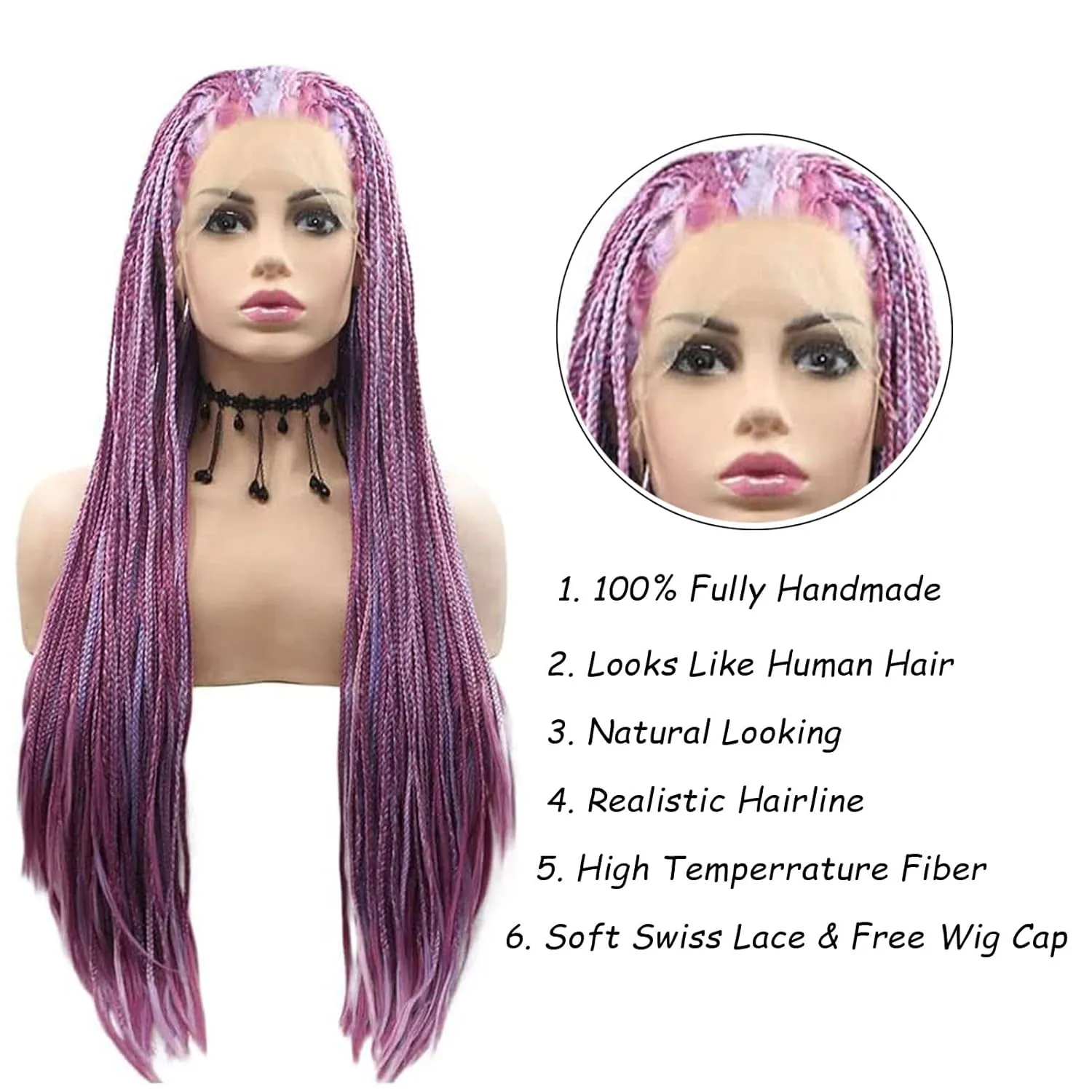 Purple Micro Braided Wigs for Black Women Handmade Knotless Box Braid Wig Long Highlight Lilac Realistic Cornrow Lace Front Braided Wigs Glueless Synthetic Heat Resistant Hair Makeup Daily 26Inch