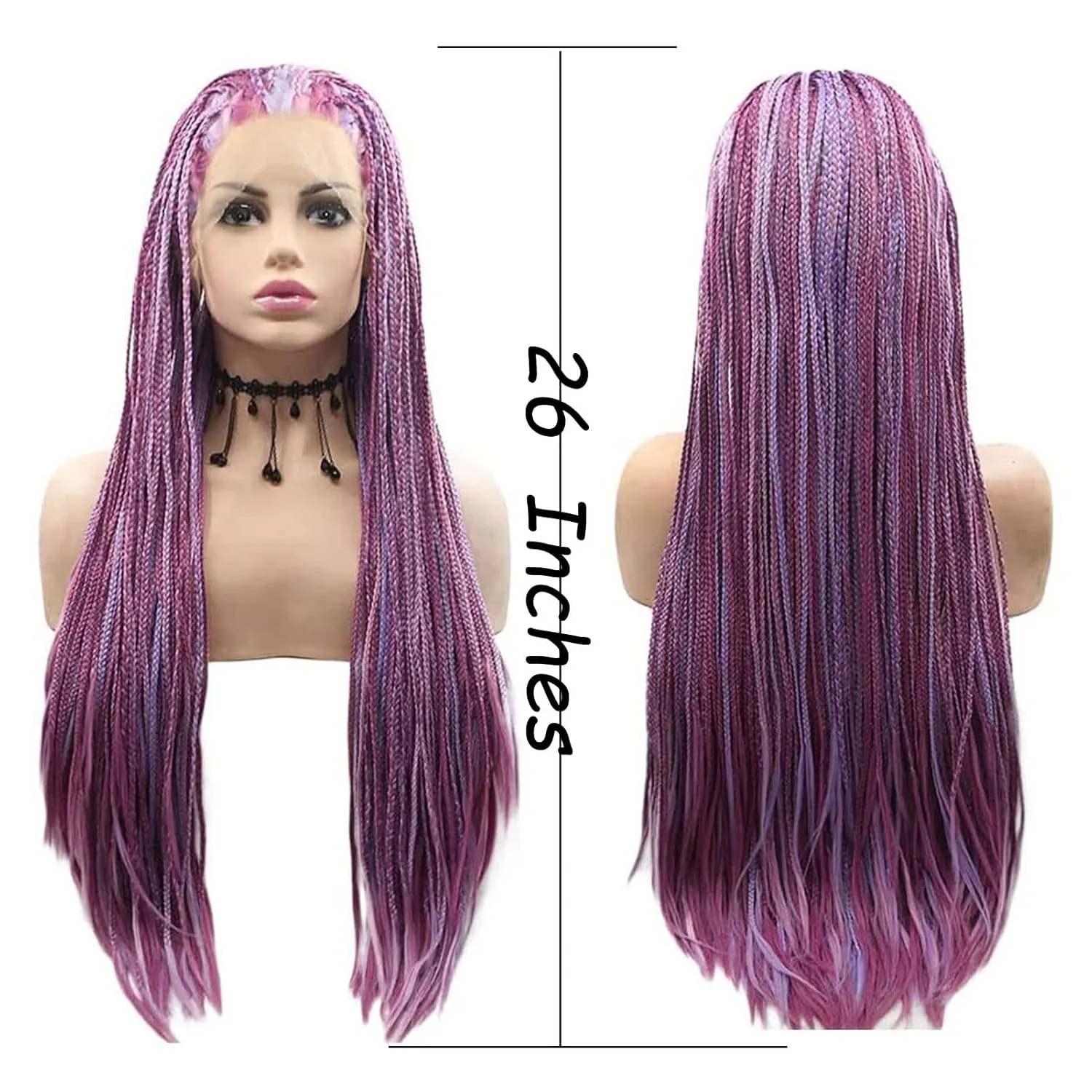 Purple Micro Braided Wigs for Black Women Handmade Knotless Box Braid Wig Long Highlight Lilac Realistic Cornrow Lace Front Braided Wigs Glueless Synthetic Heat Resistant Hair Makeup Daily 26Inch