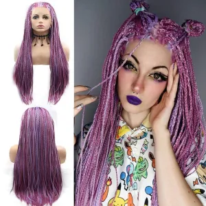 Purple Micro Braided Wigs for Black Women Handmade Knotless Box Braid Wig Long Highlight Lilac Realistic Cornrow Lace Front Braided Wigs Glueless Synthetic Heat Resistant Hair Makeup Daily 26Inch