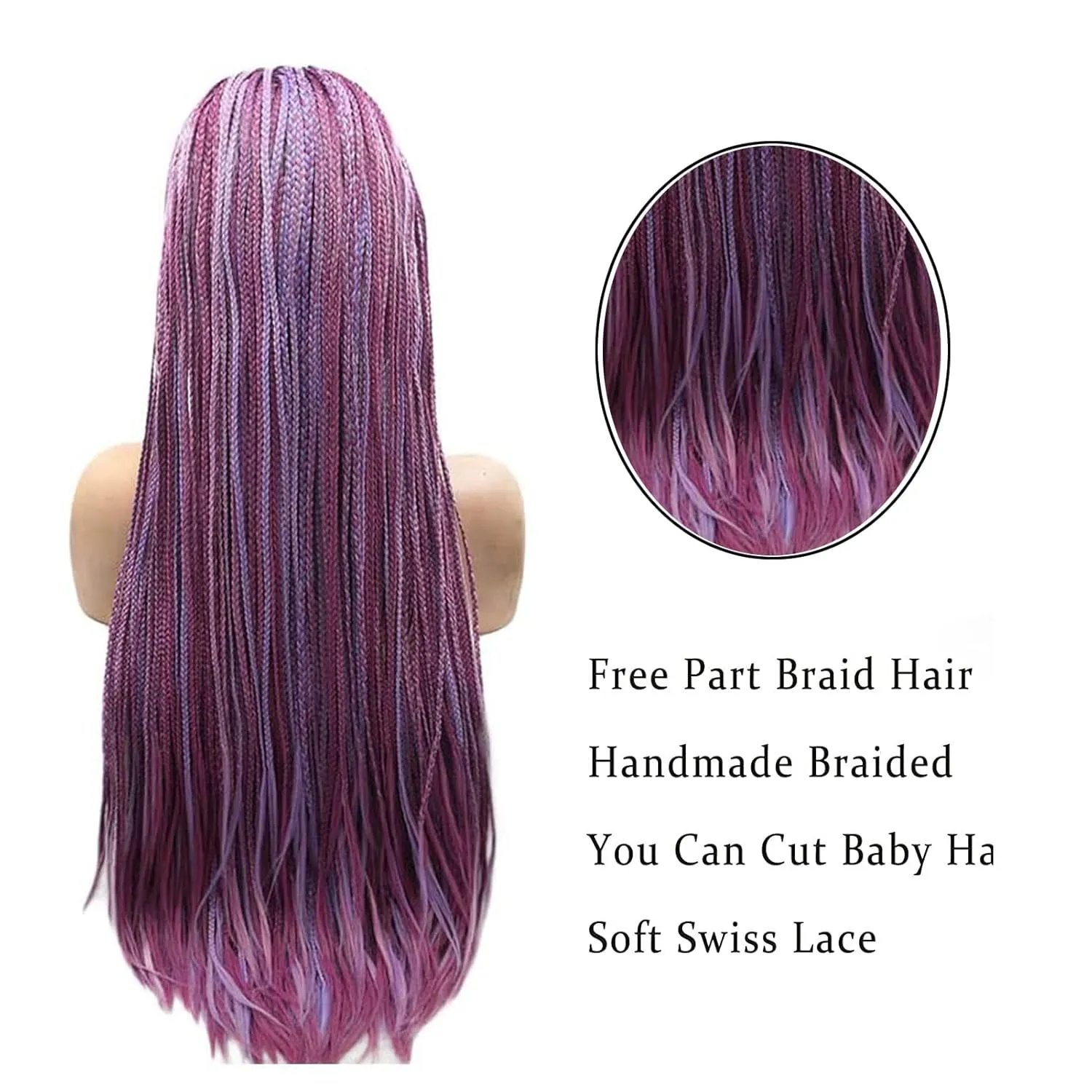 Purple Micro Braided Wigs for Black Women Handmade Knotless Box Braid Wig Long Highlight Lilac Realistic Cornrow Lace Front Braided Wigs Glueless Synthetic Heat Resistant Hair Makeup Daily 26Inch