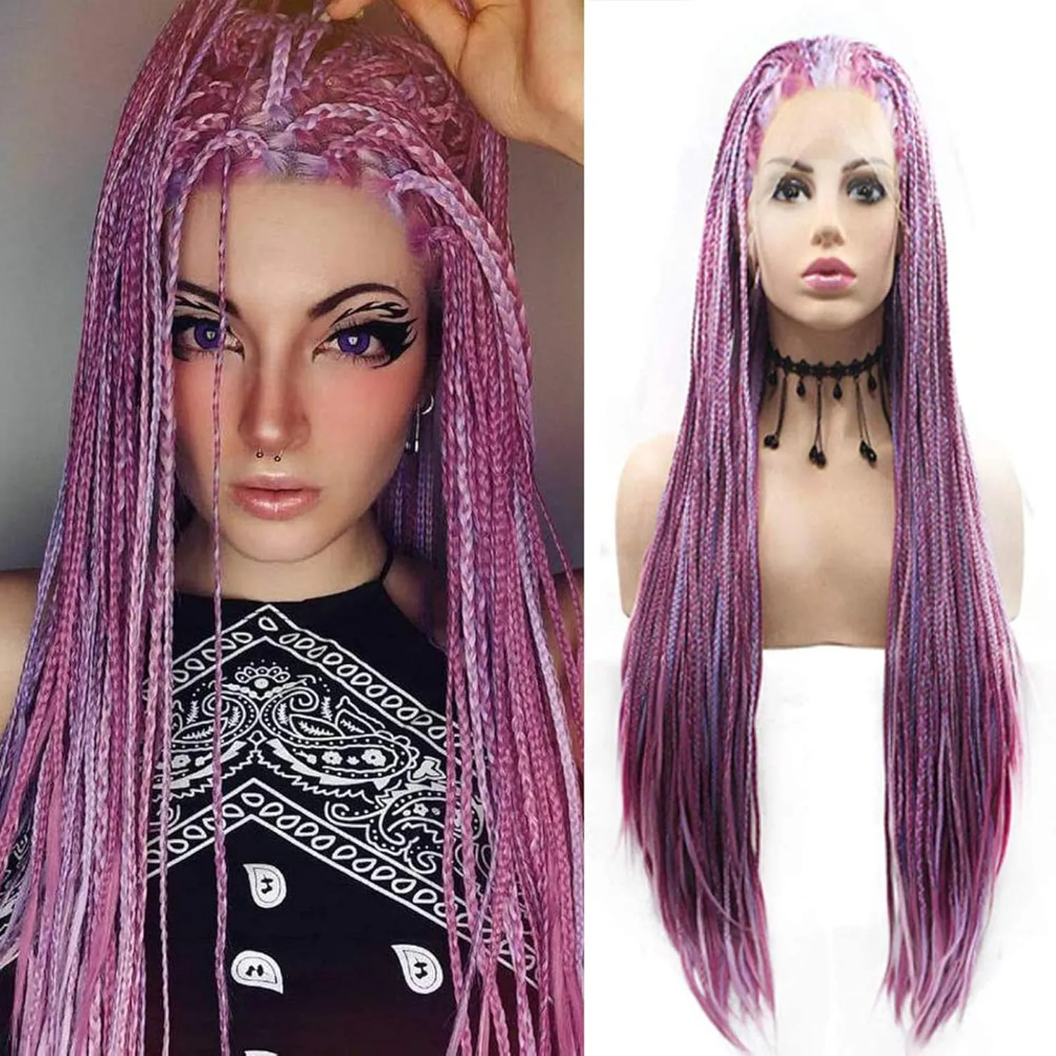 Purple Micro Braided Wigs for Black Women Handmade Knotless Box Braid Wig Long Highlight Lilac Realistic Cornrow Lace Front Braided Wigs Glueless Synthetic Heat Resistant Hair Makeup Daily 26Inch