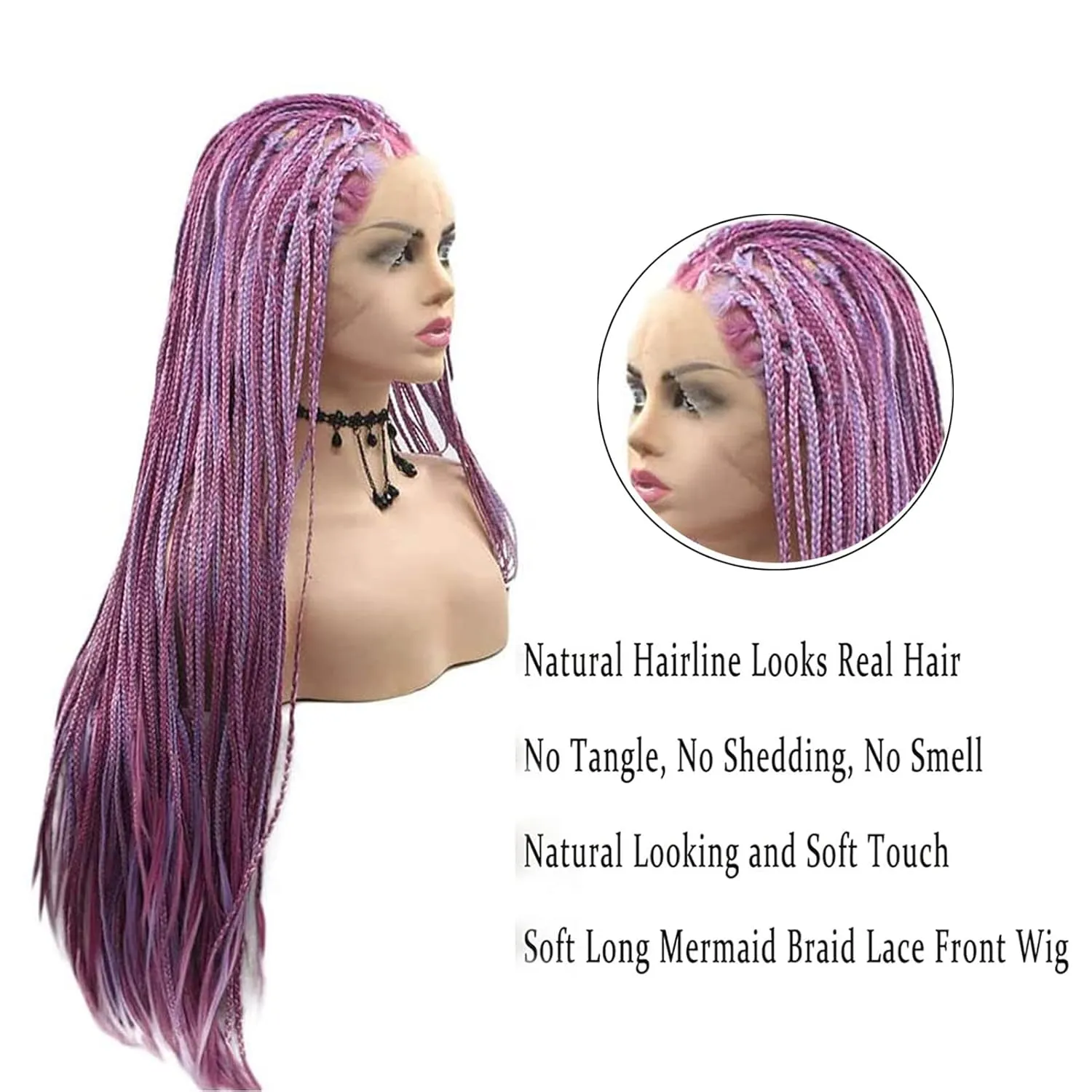 Purple Micro Braided Wigs for Black Women Handmade Knotless Box Braid Wig Long Highlight Lilac Realistic Cornrow Lace Front Braided Wigs Glueless Synthetic Heat Resistant Hair Makeup Daily 26Inch