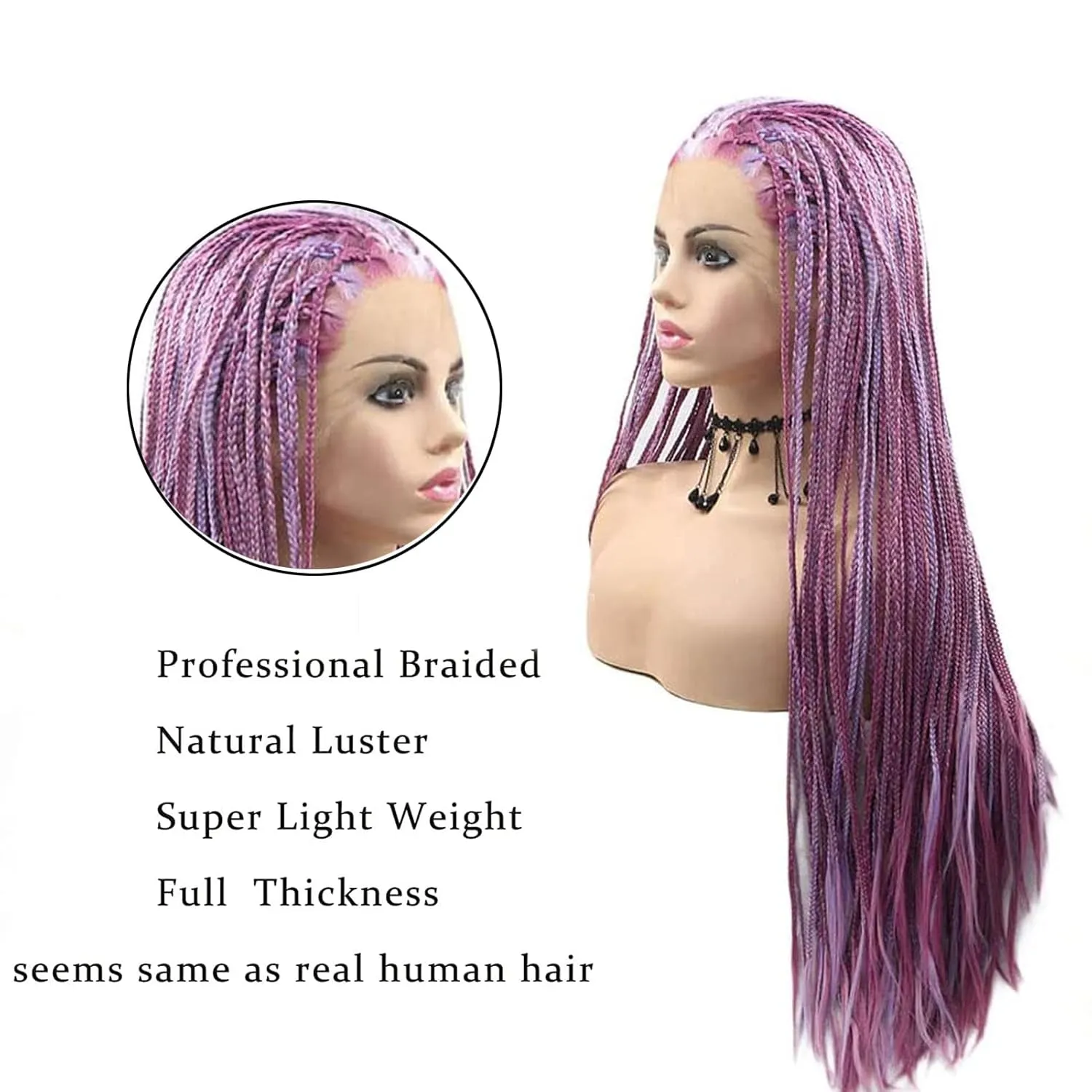 Purple Micro Braided Wigs for Black Women Handmade Knotless Box Braid Wig Long Highlight Lilac Realistic Cornrow Lace Front Braided Wigs Glueless Synthetic Heat Resistant Hair Makeup Daily 26Inch