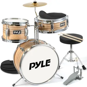 Pyle 13'' 3-Piece Kids/Junior Metallic Striped Yellow Matt Set with Throne, Cymbal, Pedal, Bass Drum, Tom and Drumsticks (PDRMKIT72N.5)