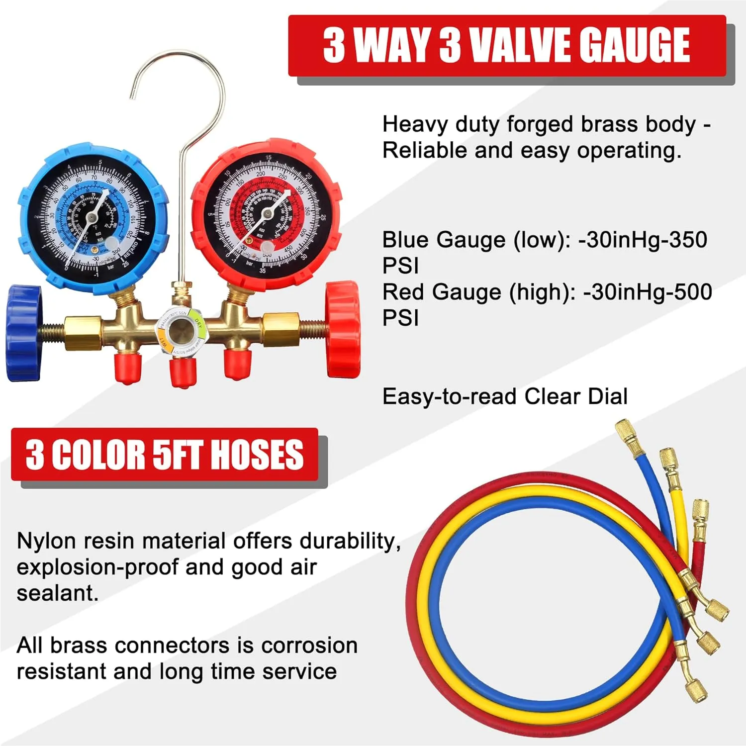 R134a AC Gauge Set, AC Manifold Gauge Air Conditioning Freon Charging Set with 5FT Hose, Quick Couplers & Adapter, Piercing & Self-Sealing Can Tap, Valve Core Remover for R134a R12 R22 R502