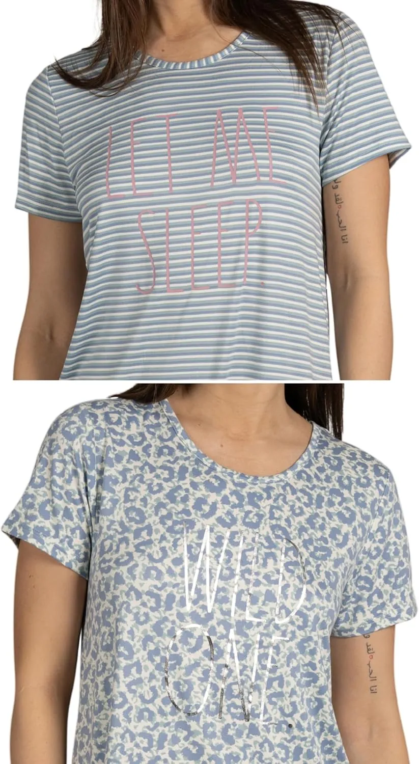 Rae Dunn Women's 2-Pack Short Sleeve Shirttail Graphic Text Nightshirts Soft Fabric Comes with Two Nightgowns