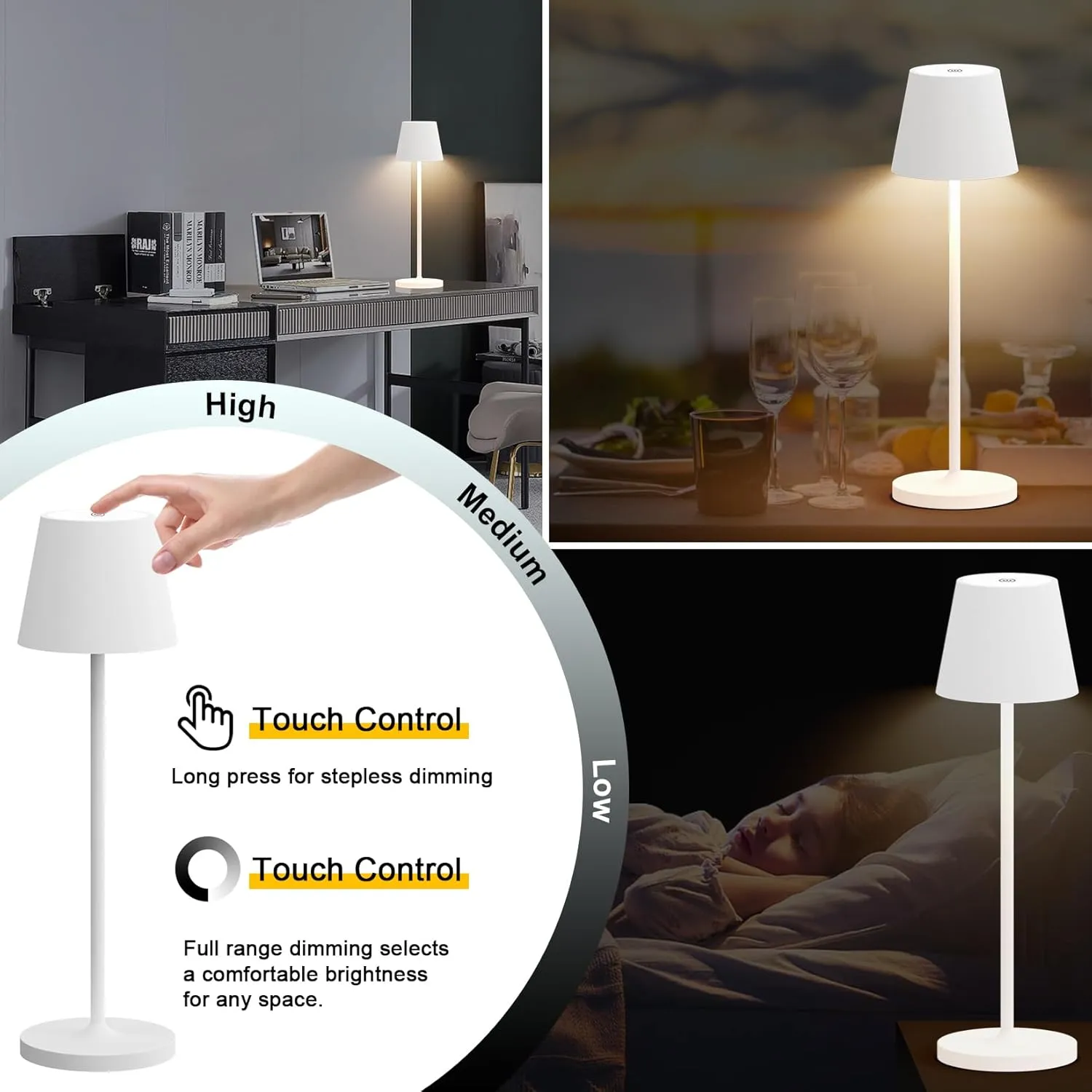 Ralaby IP54 Cordless Table Lamps Portable Rechargeable Battery Operated Lamp, Modern Aluminum Dimmable Indoor/Outdoor Cordless Lamp,Desk Lamp for/Restaurant/Bar/Cafe/Bedroom (2 Pack,White,4800mAh)
