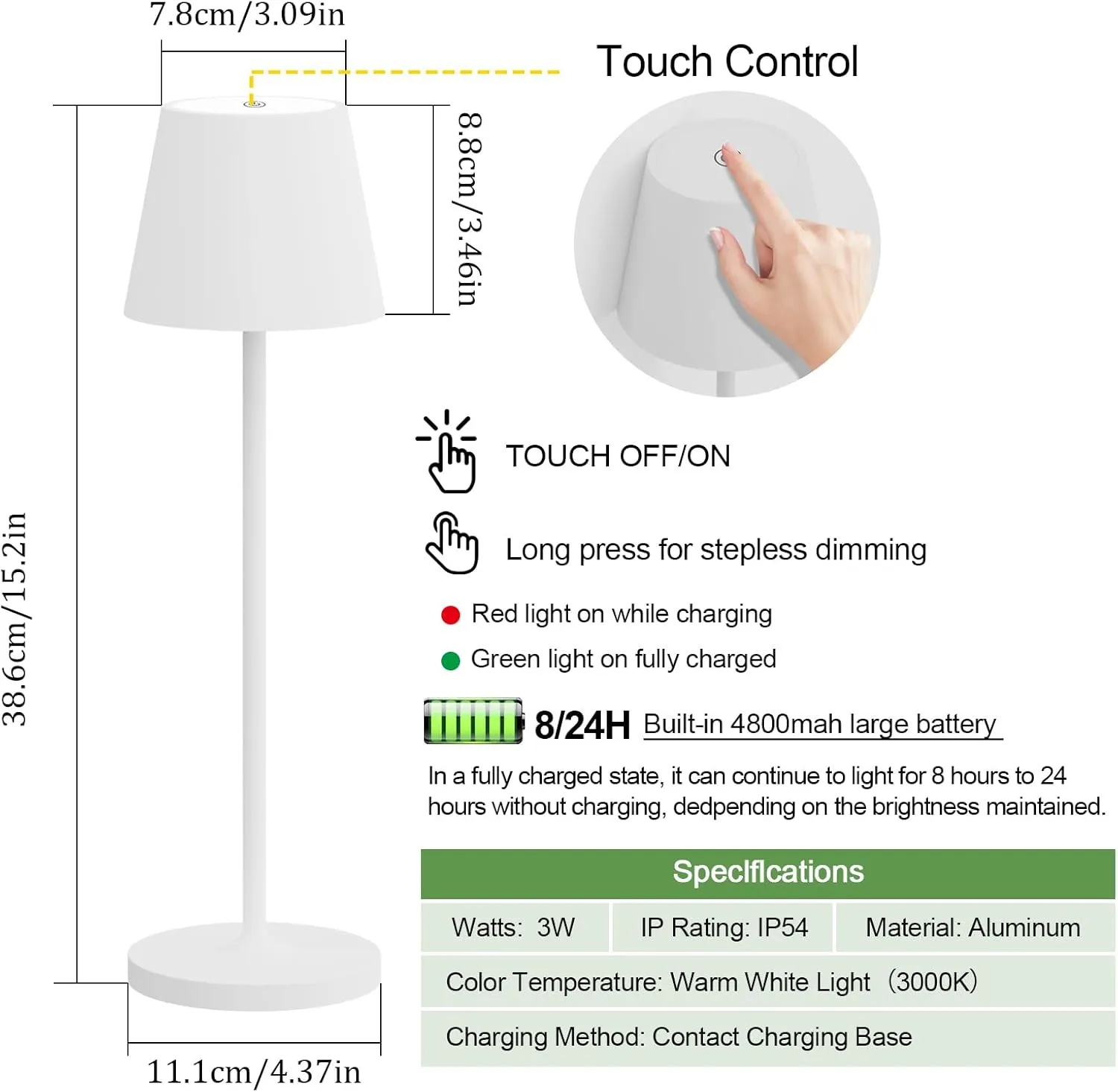 Ralaby IP54 Cordless Table Lamps Portable Rechargeable Battery Operated Lamp, Modern Aluminum Dimmable Indoor/Outdoor Cordless Lamp,Desk Lamp for/Restaurant/Bar/Cafe/Bedroom (2 Pack,White,4800mAh)