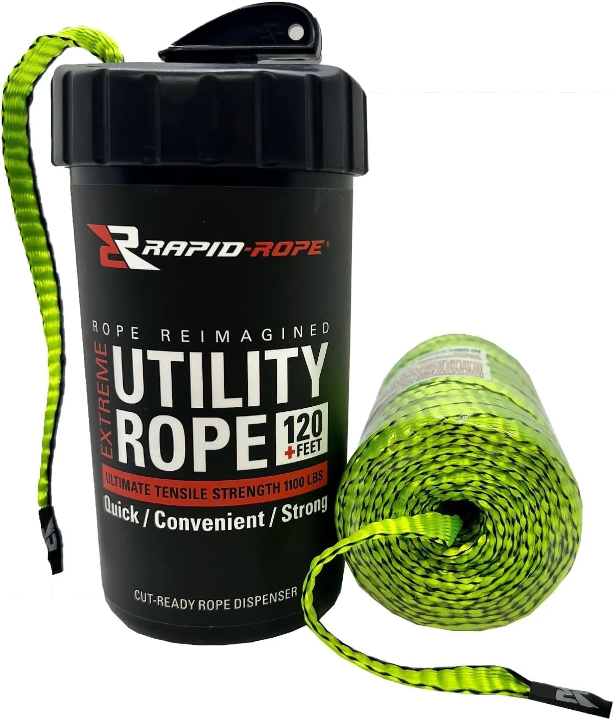 Rapid Rope Canister 120ft G2 Green Flat Tactical Paracord, Made in USA, 1100lb Tested Heavy Duty Poly Rope Test Cord, Non-Tangle Dispenser Included – Hiking, Camping, Survival, Utility, Climbing