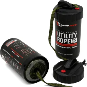 Rapid Rope Canister 120ft Green Flat Tactical Paracord, Made in USA, 1100lb Tested Heavy Duty Poly Rope Test Cord, Non-Tangle Dispenser Included - Hiking, Camping, Survival, Utility, Climbing