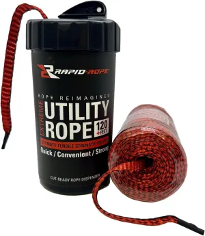 Rapid Rope Canister 120ft Red Flat Tactical Paracord, Made in USA, 1100lb Tested Heavy Duty Poly Rope Test Cord, Non-Tangle Dispenser Included – Hiking, Camping, Survival, Utility, Climbing