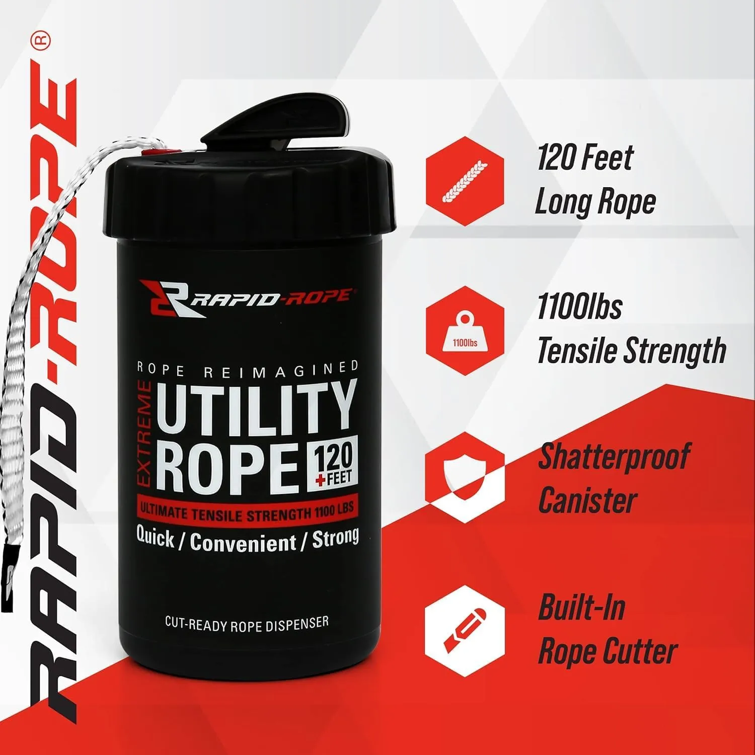 Rapid Rope Canister 120ft Red Flat Tactical Paracord, Made in USA, 1100lb Tested Heavy Duty Poly Rope Test Cord, Non-Tangle Dispenser Included – Hiking, Camping, Survival, Utility, Climbing