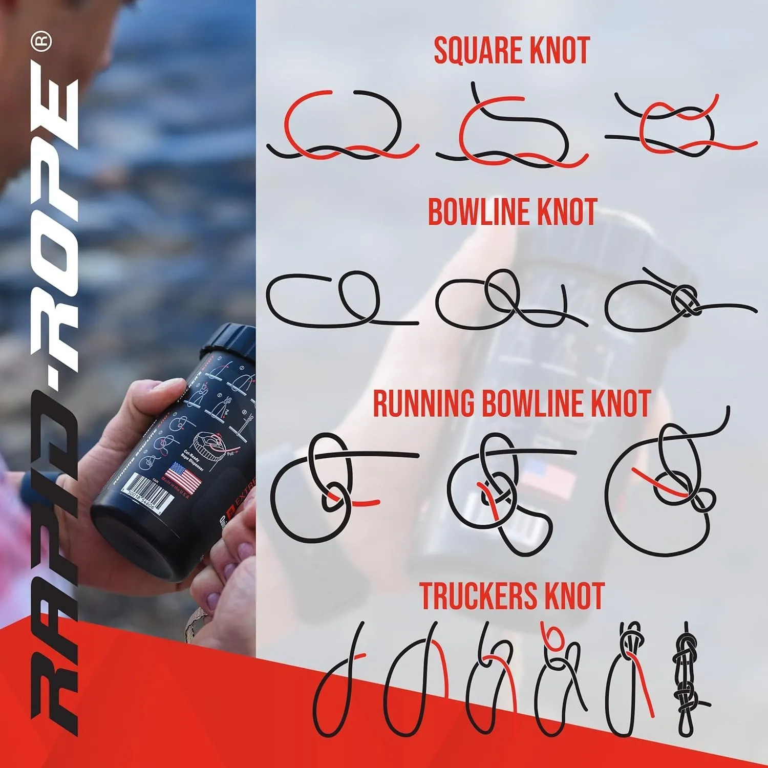 Rapid Rope Canister 120ft Red Flat Tactical Paracord, Made in USA, 1100lb Tested Heavy Duty Poly Rope Test Cord, Non-Tangle Dispenser Included – Hiking, Camping, Survival, Utility, Climbing