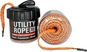 Rapid Rope Canister 70ft Orange Flat Tactical Paracord, Made in USA, 1100lb Tested Heavy Duty Poly Rope Test Cord, Non-Tangle Dispenser Included - Hiking, Camping, Survival, Utility, Climbing