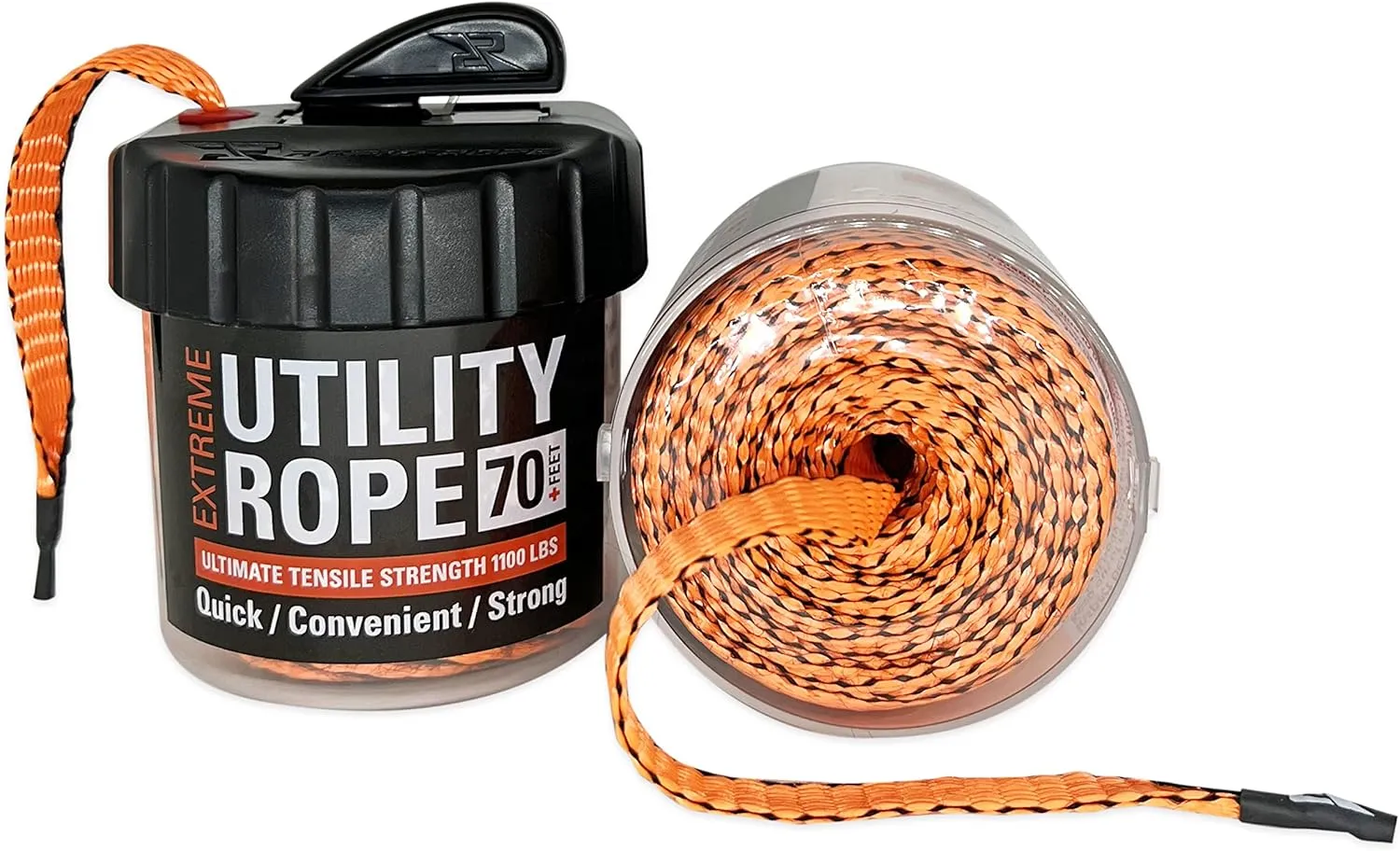 Rapid Rope Canister 70ft Orange Flat Tactical Paracord, Made in USA, 1100lb Tested Heavy Duty Poly Rope Test Cord, Non-Tangle Dispenser Included - Hiking, Camping, Survival, Utility, Climbing