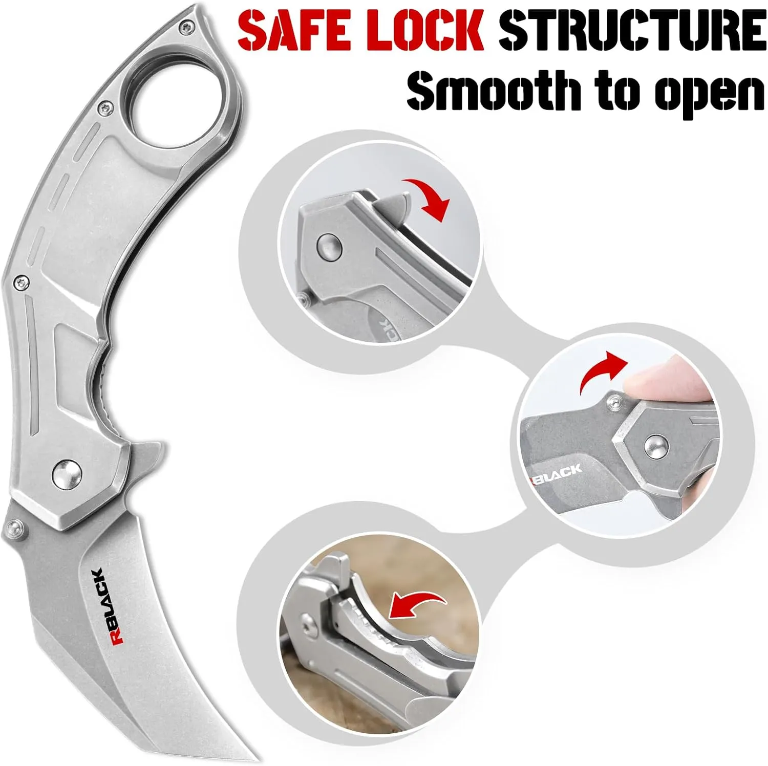 RBLACK Tactical Karambit Folding Knife with Clip, Stonewashed Blade Stainless Steel Handle, Pocket Knives for Men Women Hunting Camping EDC Outdoor Tool