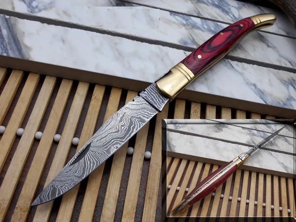 Real Damascus Steel Blade Laguiole Folding Knife Replica, 8.5" Long with 4" Hand Forged Custom Twist Pattern Blade. Red Dollar Wood & Brass Bolster Scale. Cow Hide Leather Sheath Included