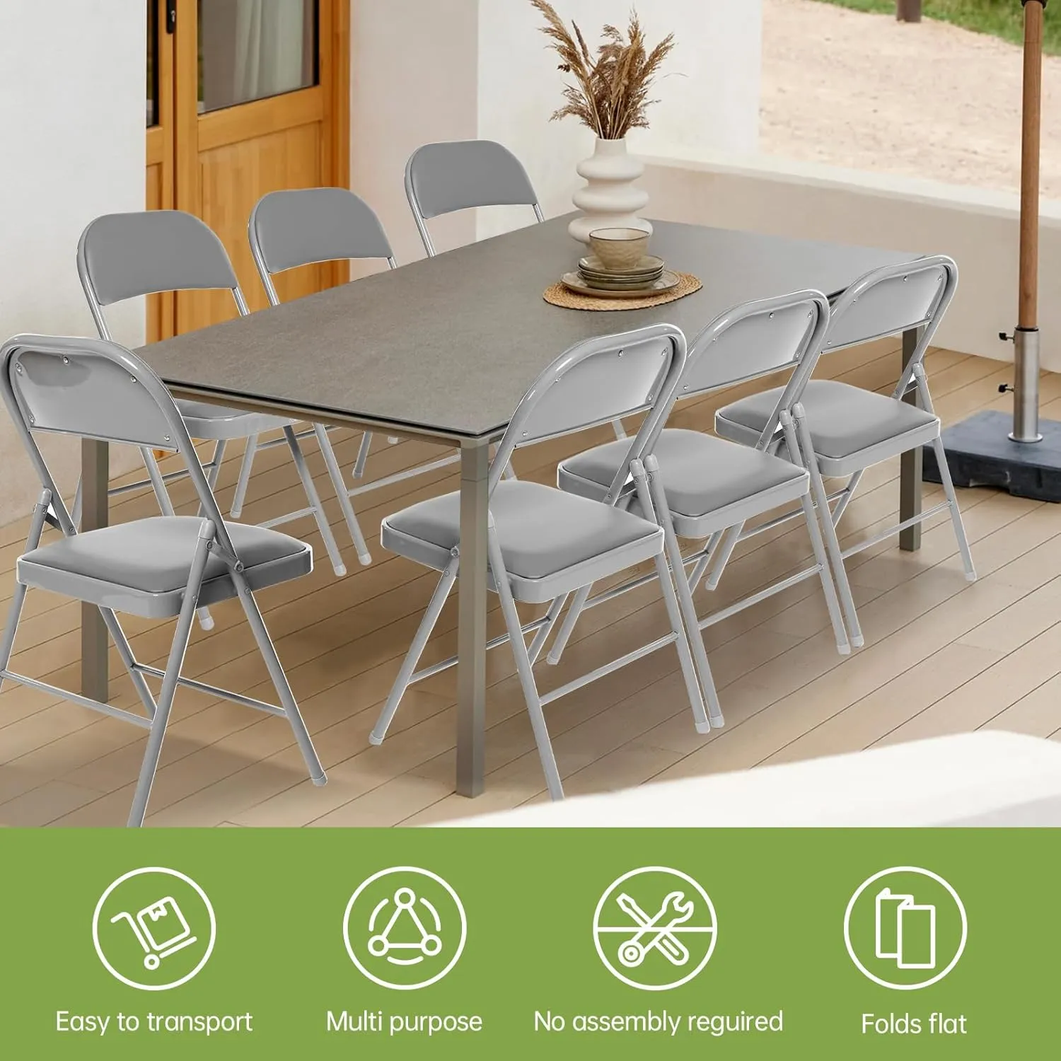 Real Relax 8 Pack Folding Chairs with Padded Seat, Leather Folding Chairs for Home and Office, Indoor and Outdoor Events Grey