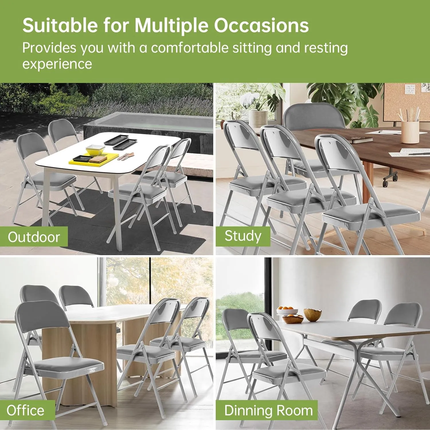 Real Relax 8 Pack Folding Chairs with Padded Seat, Leather Folding Chairs for Home and Office, Indoor and Outdoor Events Grey