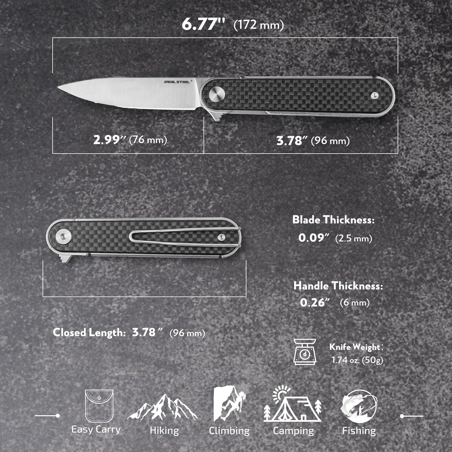 REALSTEEL IRIS Pocket Knife, Folding Knife, Flipper, Liner Lock, 2.99" 12C27 Steel Blade, Lightweight G10 Handle, 1.74oz, Deep-carry Pocket Clip, EDC Outdoor Indoor, Gifts for Men Women Camping Hiking Climbing Fishing (Carbon Fiber laminate G10)