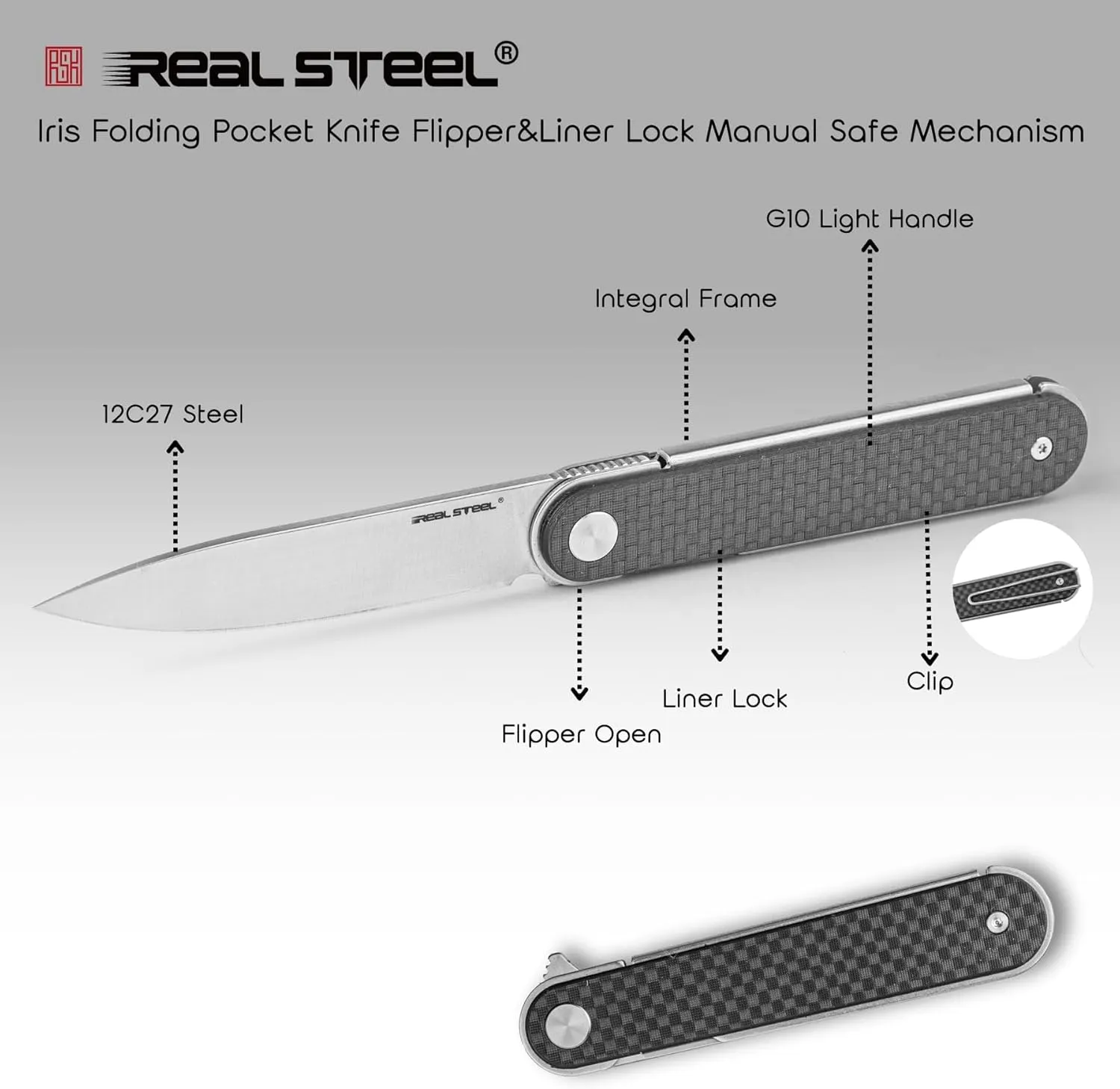 REALSTEEL IRIS Pocket Knife, Folding Knife, Flipper, Liner Lock, 2.99" 12C27 Steel Blade, Lightweight G10 Handle, 1.74oz, Deep-carry Pocket Clip, EDC Outdoor Indoor, Gifts for Men Women Camping Hiking Climbing Fishing (Carbon Fiber laminate G10)