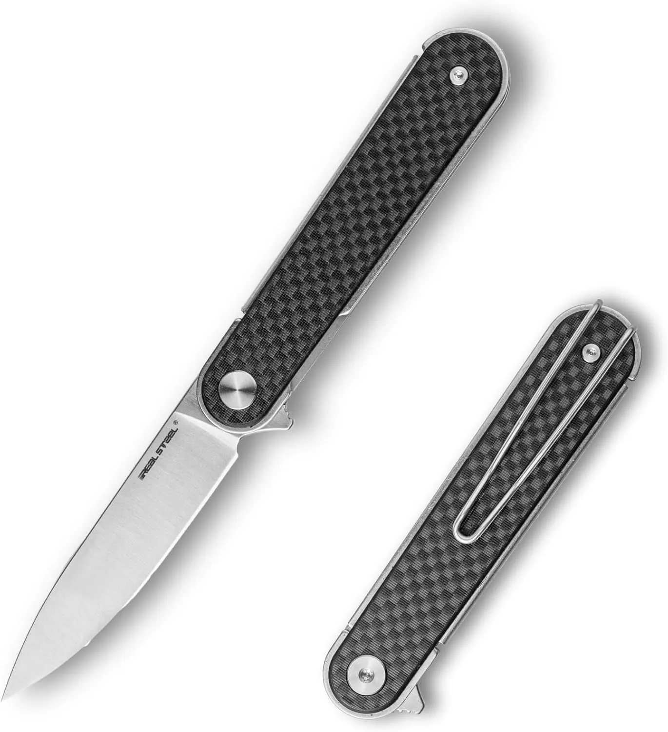REALSTEEL IRIS Pocket Knife, Folding Knife, Flipper, Liner Lock, 2.99" 12C27 Steel Blade, Lightweight G10 Handle, 1.74oz, Deep-carry Pocket Clip, EDC Outdoor Indoor, Gifts for Men Women Camping Hiking Climbing Fishing (Carbon Fiber laminate G10)