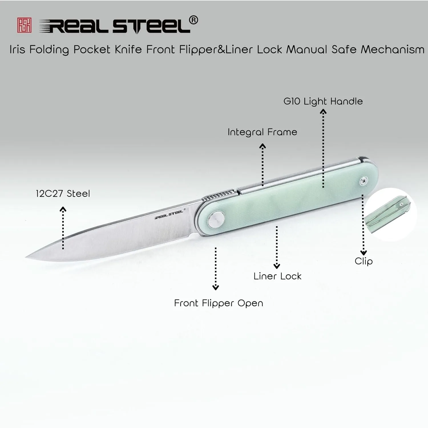 REALSTEEL IRIS Pocket Knife, Folding Knife, Front Flipper, Liner Lock, 2.99" 12C27 Steel Blade, Lightweight G10 Handle, 1.74oz, Deep-carry Pocket Clip, EDC Outdoor Indoor, Gifts for Men Women Camping Hiking Climbing Fishing (Natural G10)