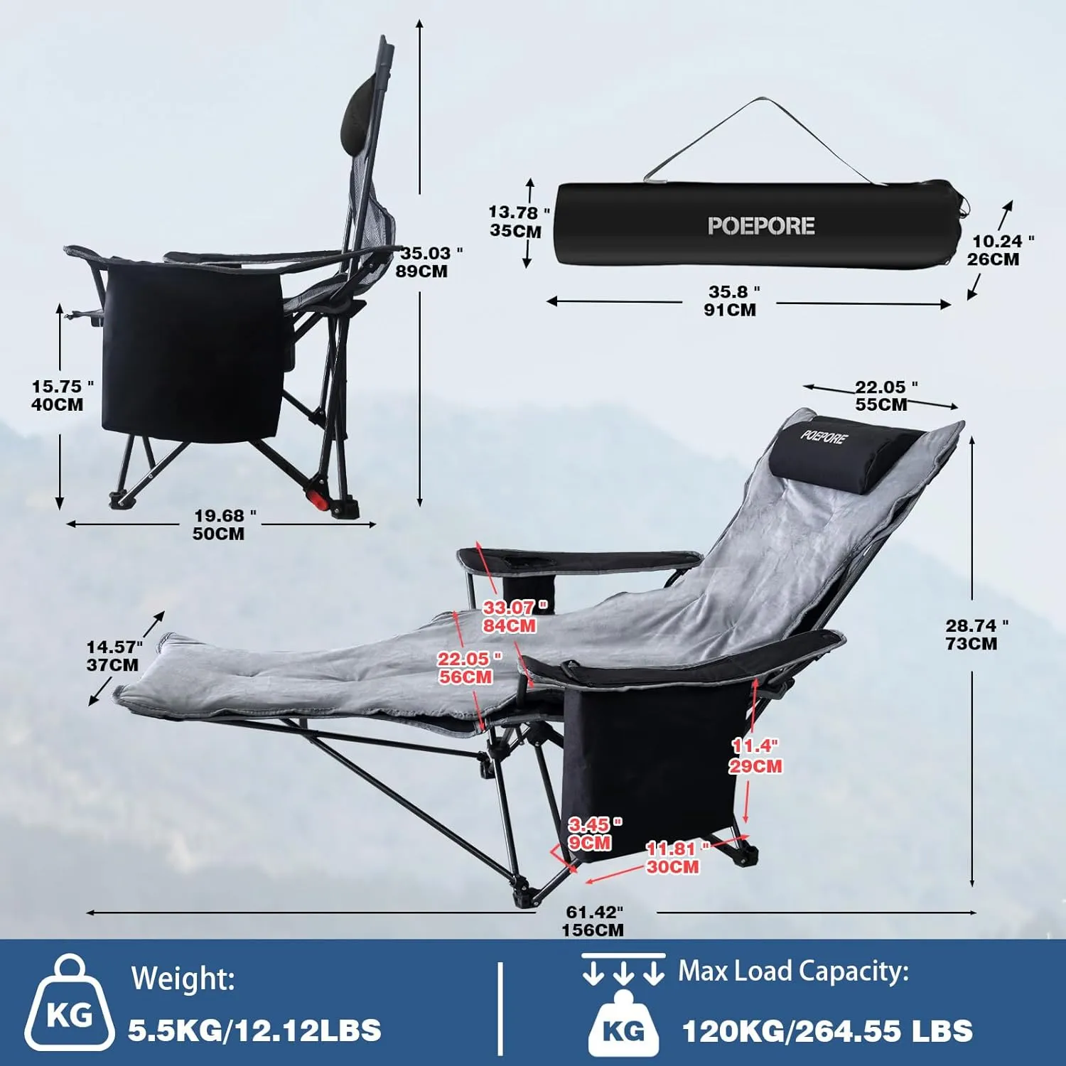 Reclining Camping Chair 4 Position with Foot Rest Comfortable for Adults 265Ibs Folding Lounger Mesh Beach Chair with Cooler Bag,Cotton Cushion and Cup Holder for Outdoor Patio