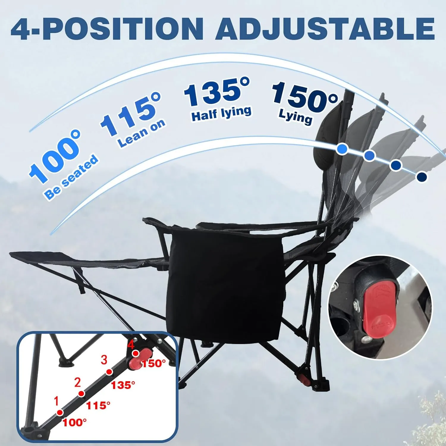 Reclining Camping Chair 4 Position with Foot Rest Comfortable for Adults 265Ibs Folding Lounger Mesh Beach Chair with Cooler Bag,Cotton Cushion and Cup Holder for Outdoor Patio