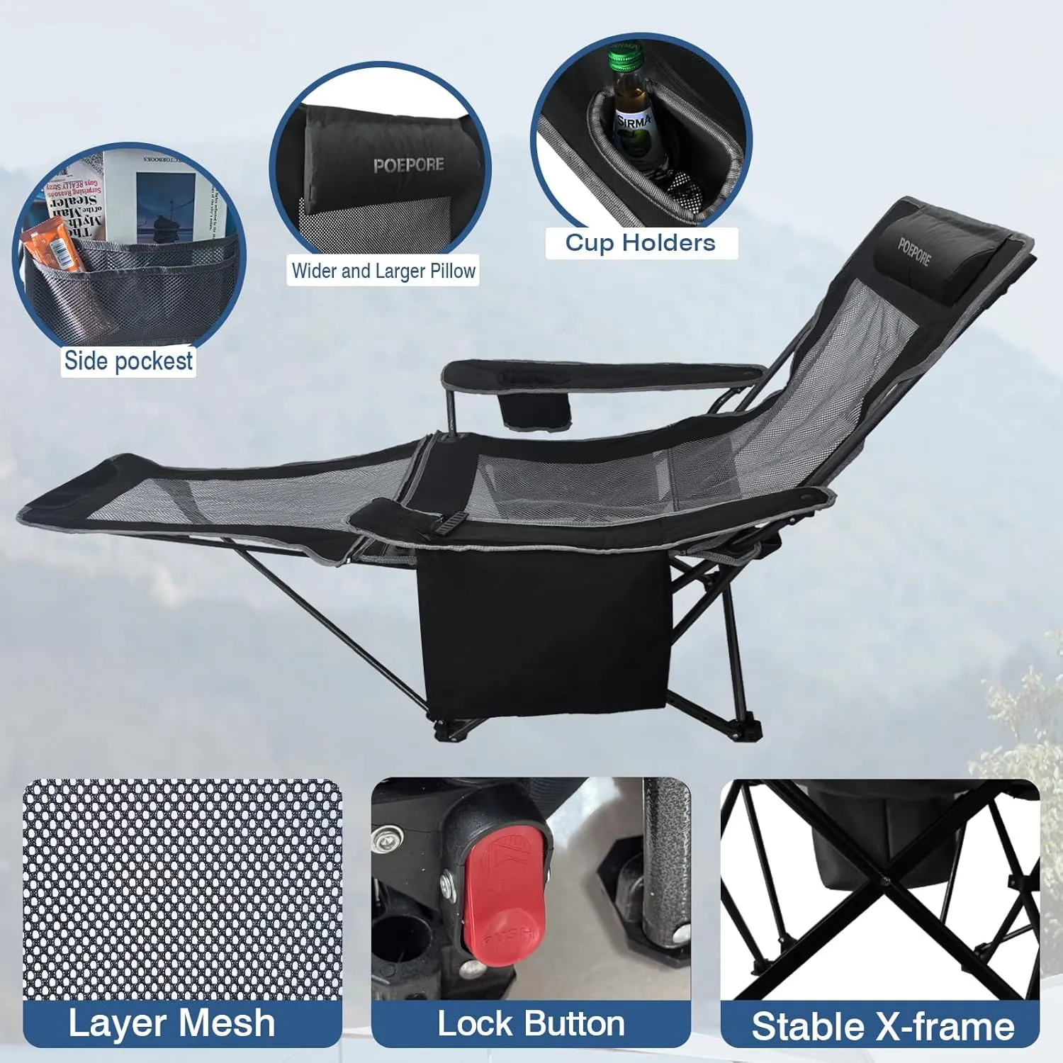 Reclining Camping Chair 4 Position with Foot Rest Comfortable for Adults 265Ibs Folding Lounger Mesh Beach Chair with Cooler Bag,Cotton Cushion and Cup Holder for Outdoor Patio