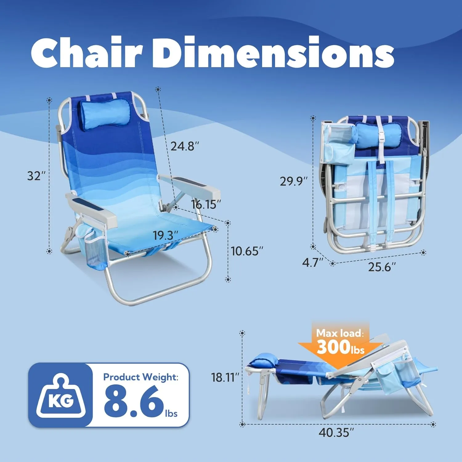 Reclining Low Beach Chairs for Adults 2 Pack with Backpack Straps, Portable Beach Chair with Cup Holder & Large Cooler Storage Bag Support 300LBS, Wave Blue