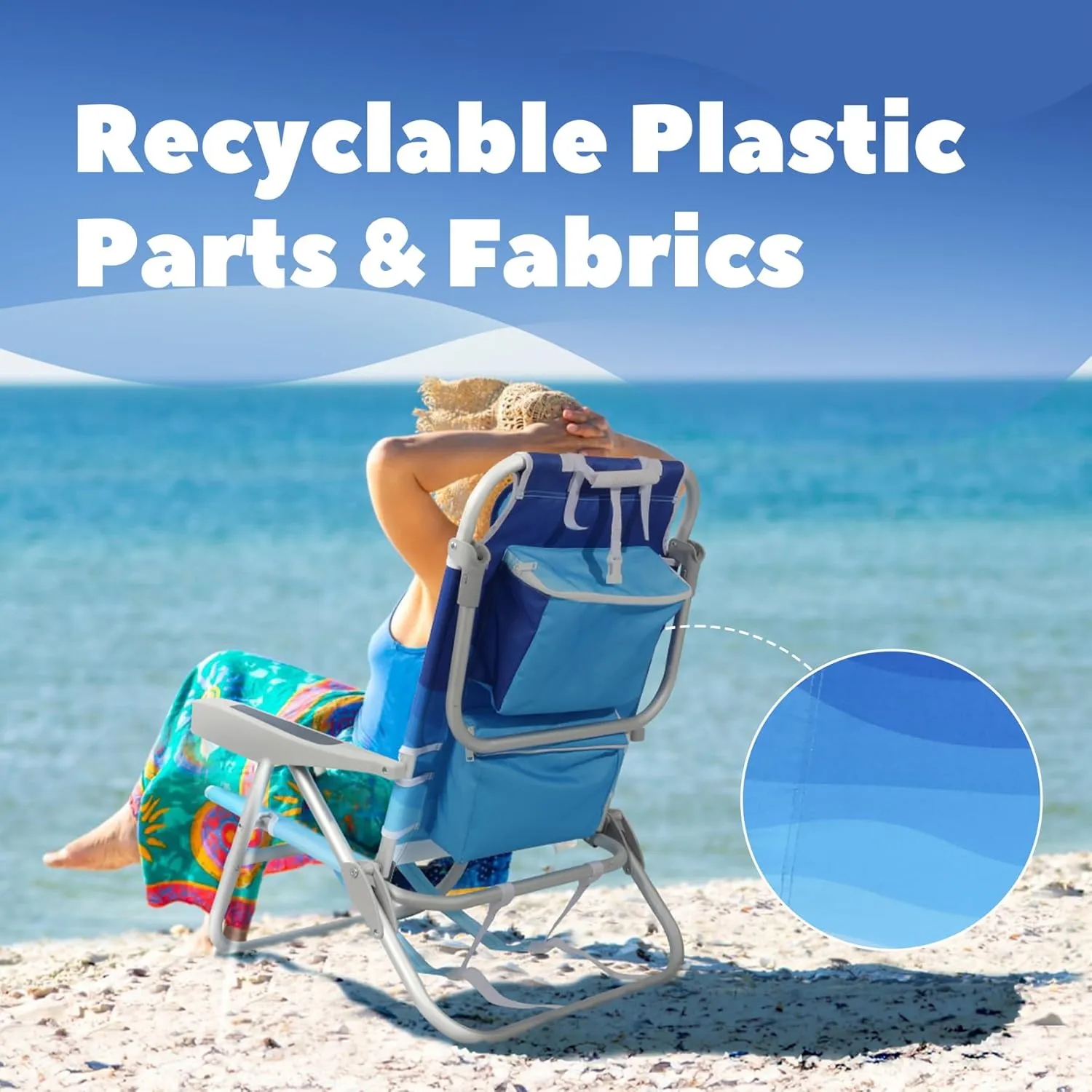 Reclining Low Beach Chairs for Adults 2 Pack with Backpack Straps, Portable Beach Chair with Cup Holder & Large Cooler Storage Bag Support 300LBS, Wave Blue