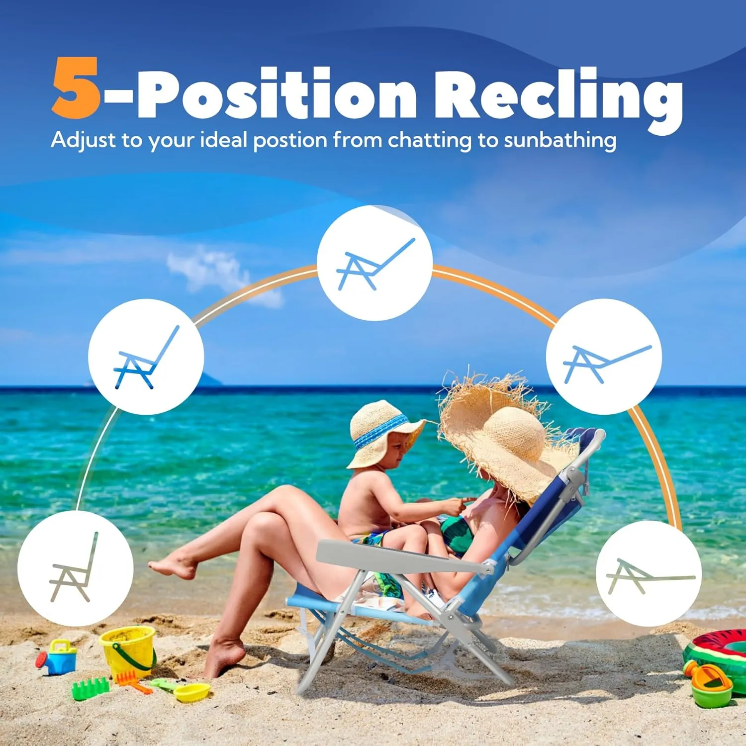 Reclining Low Beach Chairs for Adults 2 Pack with Backpack Straps, Portable Beach Chair with Cup Holder & Large Cooler Storage Bag Support 300LBS, Wave Blue