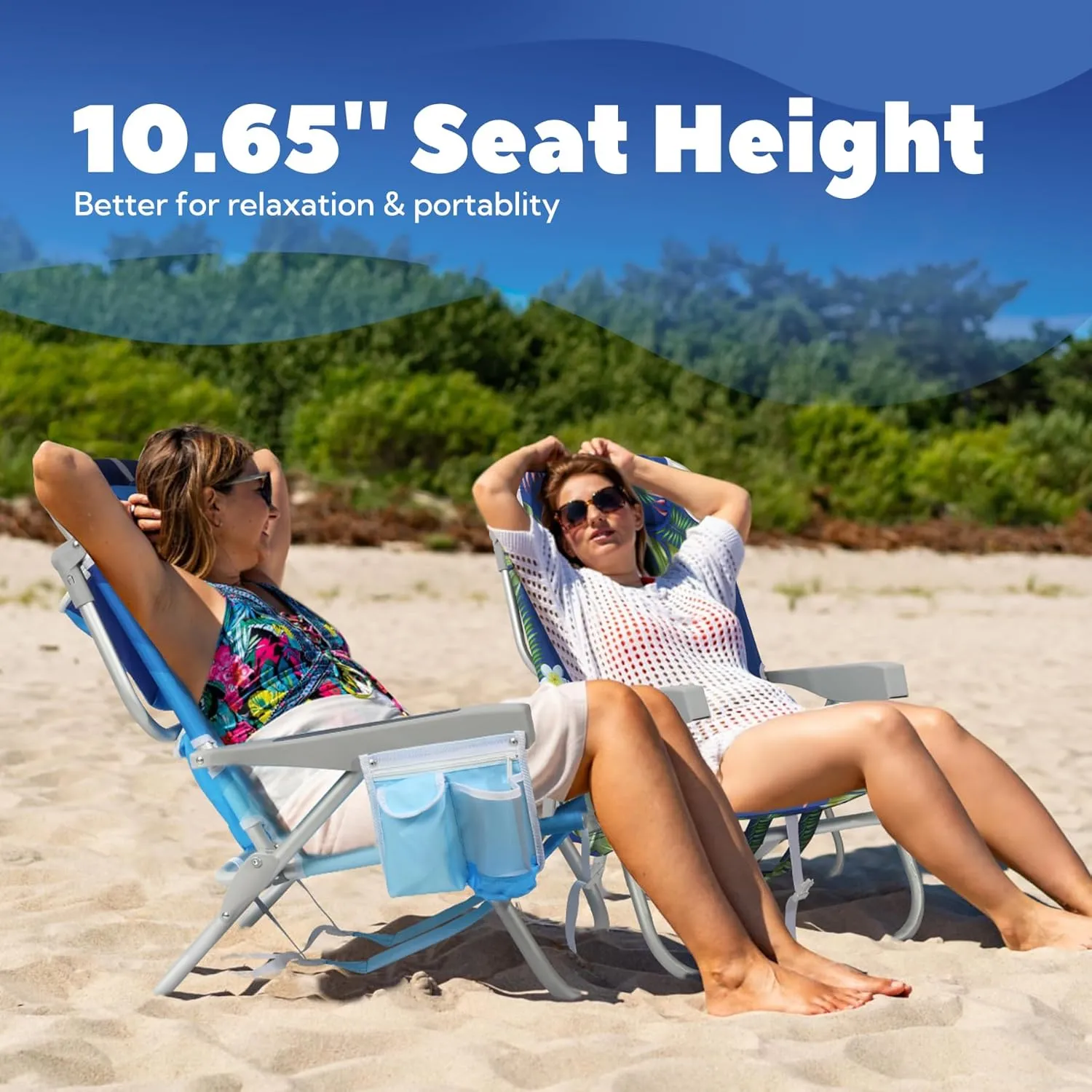 Reclining Low Beach Chairs for Adults 2 Pack with Backpack Straps, Portable Beach Chair with Cup Holder & Large Cooler Storage Bag Support 300LBS, Wave Blue