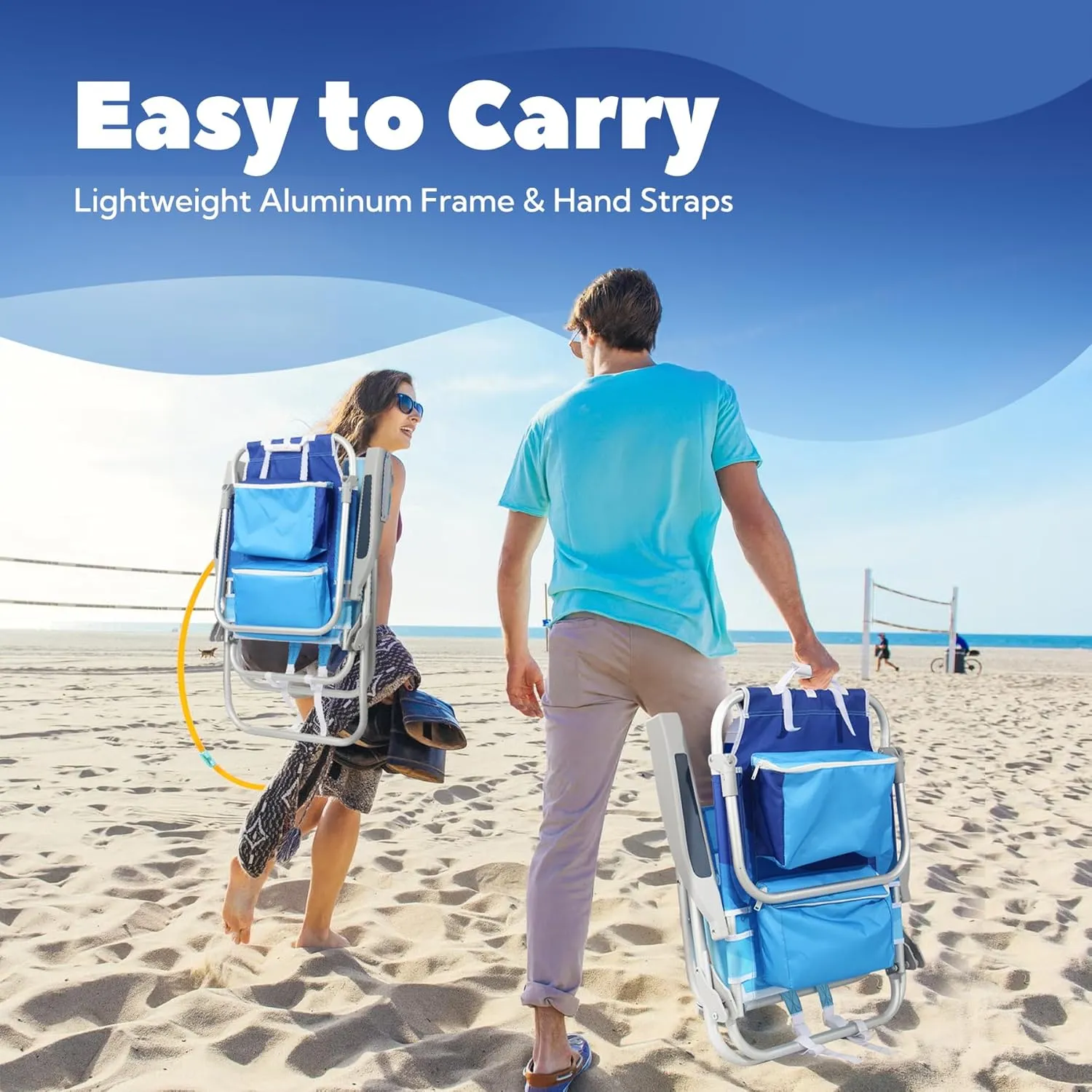 Reclining Low Beach Chairs for Adults 2 Pack with Backpack Straps, Portable Beach Chair with Cup Holder & Large Cooler Storage Bag Support 300LBS, Wave Blue