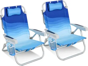 Reclining Low Beach Chairs for Adults 2 Pack with Backpack Straps, Portable Beach Chair with Cup Holder & Large Cooler Storage Bag Support 300LBS, Wave Blue