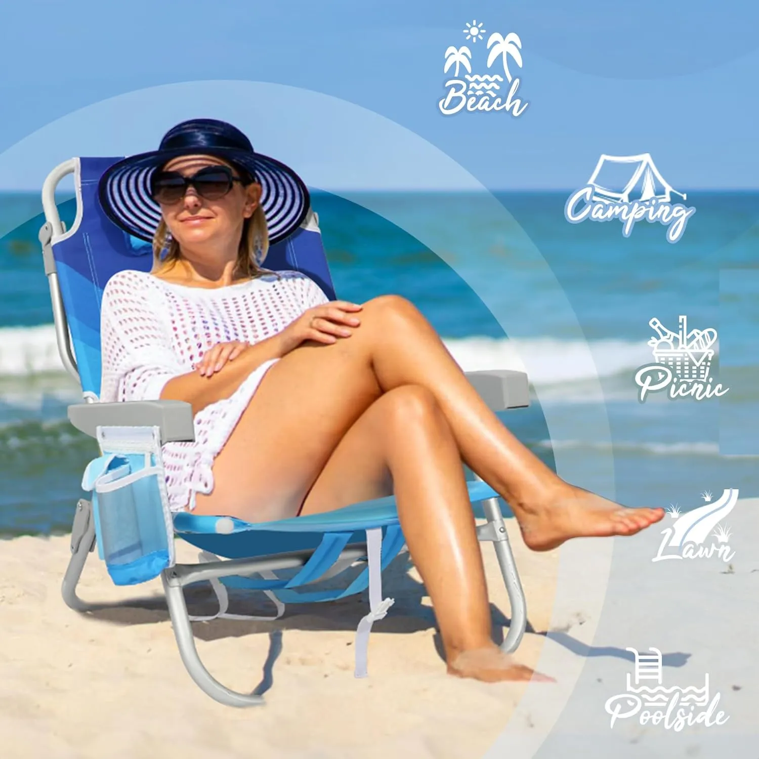 Reclining Low Beach Chairs for Adults 2 Pack with Backpack Straps, Portable Beach Chair with Cup Holder & Large Cooler Storage Bag Support 300LBS, Wave Blue