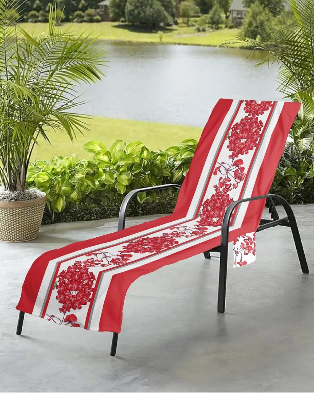 Red Flower Chaise Lounger Cover with Pockets, Pool Lounge Chair Covers 85"x29", Spring Summer Floral Rustic Botanical Microfiber Beach Chair Cover for Outdoor Patio Sunbathing