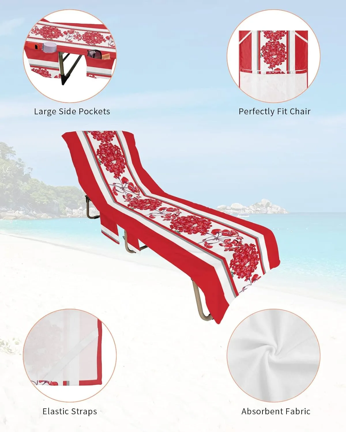 Red Flower Chaise Lounger Cover with Pockets, Pool Lounge Chair Covers 85"x29", Spring Summer Floral Rustic Botanical Microfiber Beach Chair Cover for Outdoor Patio Sunbathing