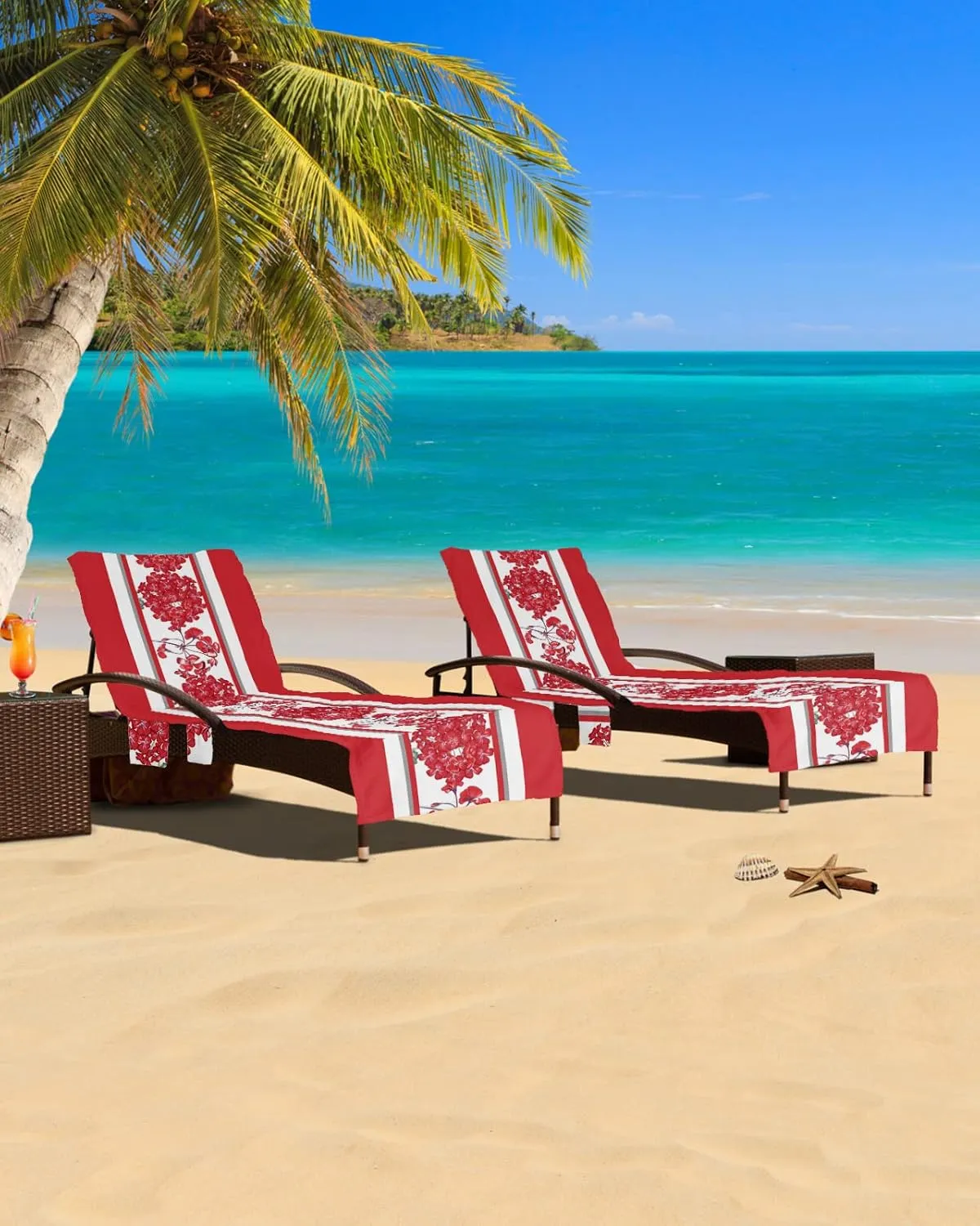 Red Flower Chaise Lounger Cover with Pockets, Pool Lounge Chair Covers 85"x29", Spring Summer Floral Rustic Botanical Microfiber Beach Chair Cover for Outdoor Patio Sunbathing