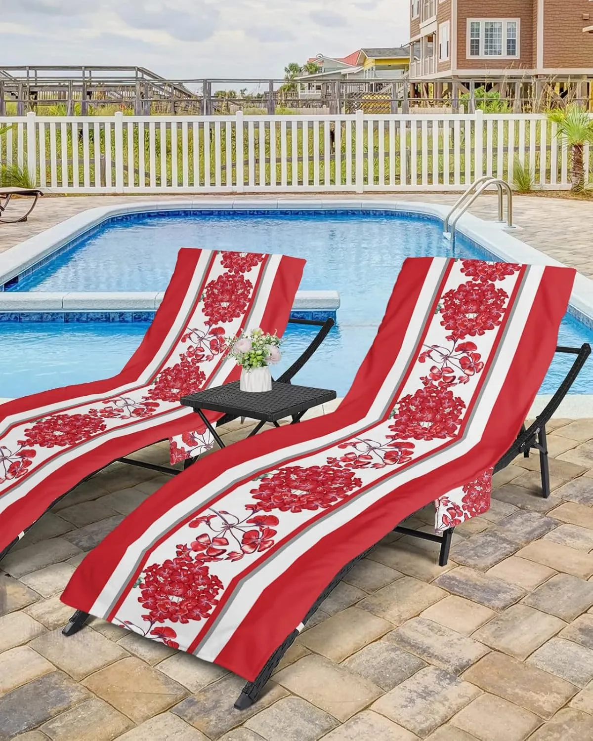 Red Flower Chaise Lounger Cover with Pockets, Pool Lounge Chair Covers 85"x29", Spring Summer Floral Rustic Botanical Microfiber Beach Chair Cover for Outdoor Patio Sunbathing