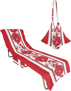 Red Flower Chaise Lounger Cover with Pockets, Pool Lounge Chair Covers 85"x29", Spring Summer Floral Rustic Botanical Microfiber Beach Chair Cover for Outdoor Patio Sunbathing