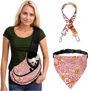 Red Polynesian Pet Sling Carrier Bundle - Comes with Portable Pet Crossbody Bag, Safety Leash & Comfortable Pet Travel Bib Scarf, Small Pet Bandanas for Collars Slip Over(Red White)