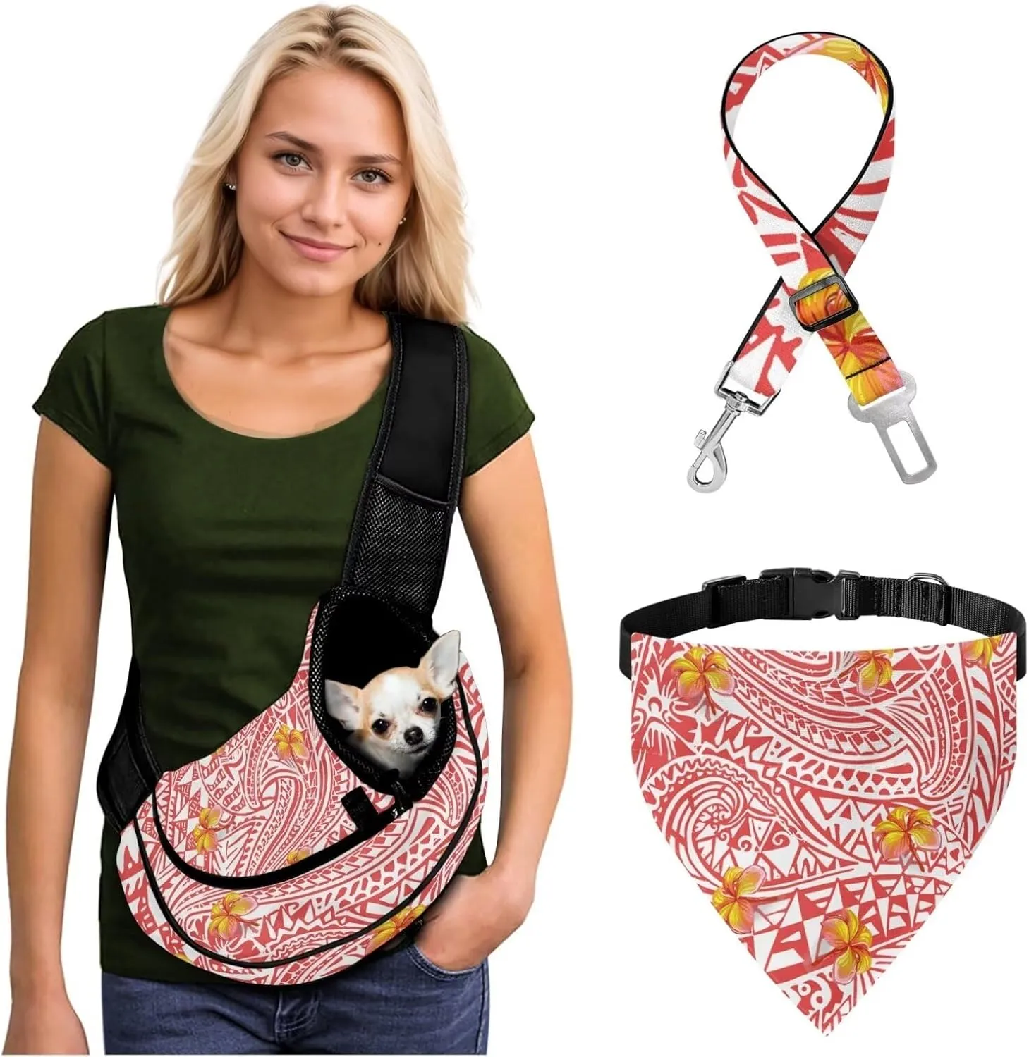 Red Polynesian Pet Sling Carrier Bundle - Comes with Portable Pet Crossbody Bag, Safety Leash & Comfortable Pet Travel Bib Scarf, Small Pet Bandanas for Collars Slip Over(Red White)