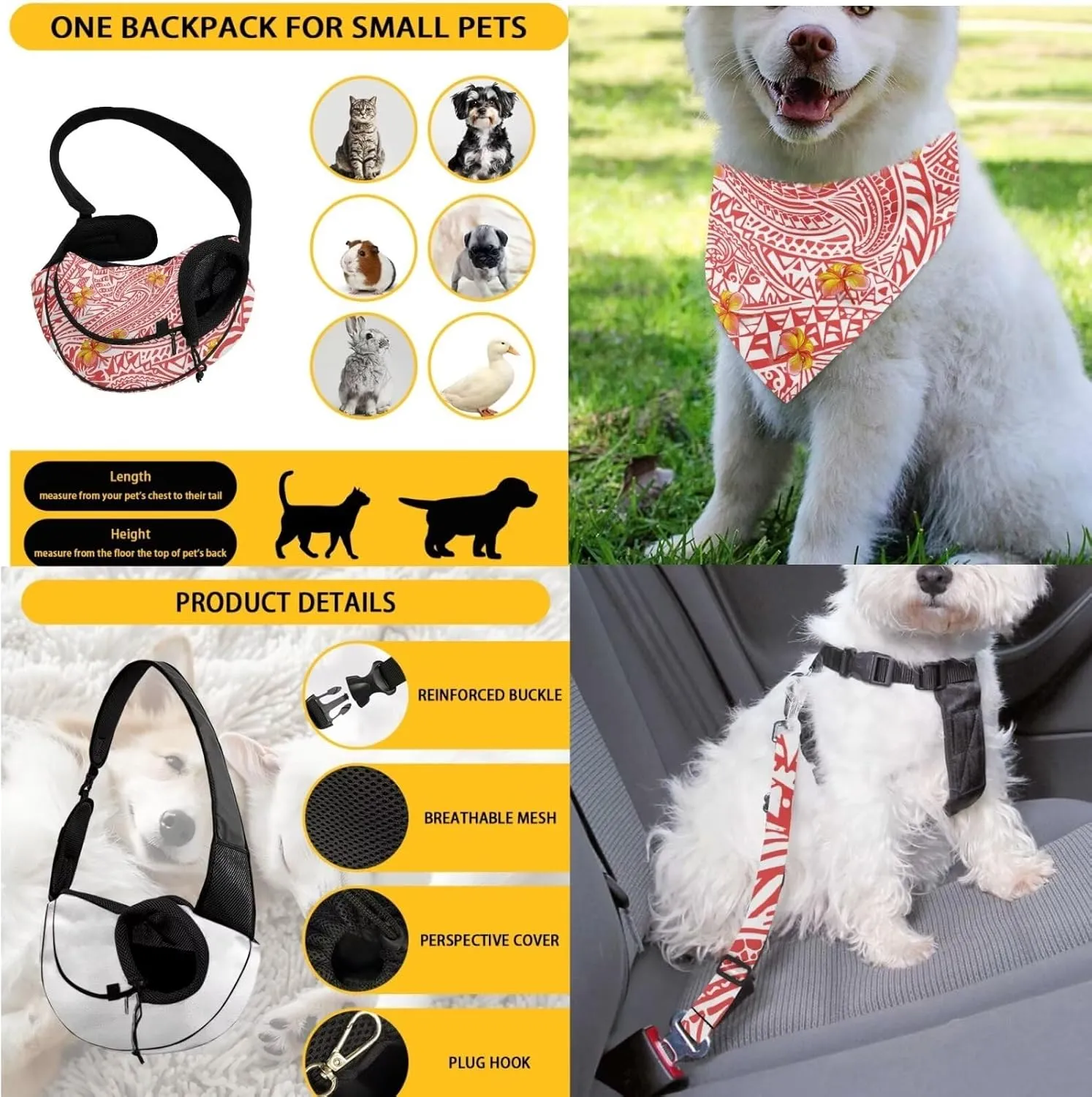Red Polynesian Pet Sling Carrier Bundle - Comes with Portable Pet Crossbody Bag, Safety Leash & Comfortable Pet Travel Bib Scarf, Small Pet Bandanas for Collars Slip Over(Red White)