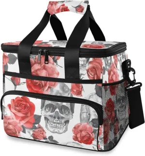 Red Roses Skeleton Skull Cooler Bag Insulated Cooler Soft Sided Cooler 24 Can Portable Picnic Bag Large Leakproof Lunch Bag Box for Beach Grocery Camping Travel Car Men Women