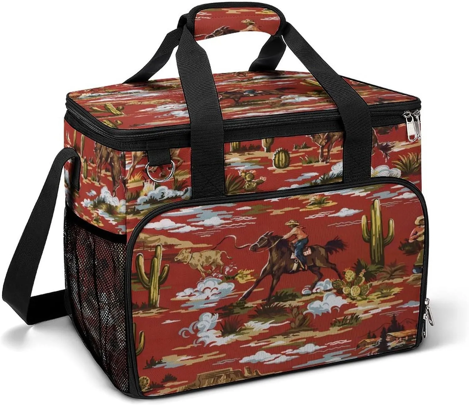 Red Western Cowboy Cowgirl Horse Cooler Bag, Collapsible Soft Sided Cooler, Large Leakproof Camping Cooler, Portable Travel Cooler for Camping, Road Trips