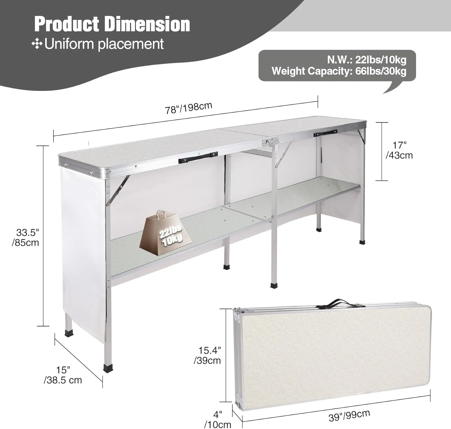 REDCAMP Portable Bar Table, Pop Up Folding Mobile Bar Bartender Table Podium Table for Events, Party, Camping, Tradeshow, Exhibition, Easy Setup, White, 78"x33"x15"