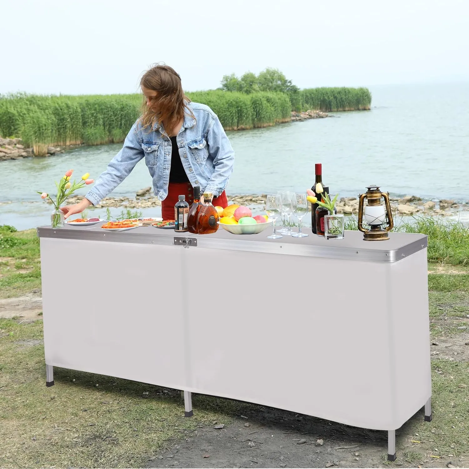 REDCAMP Portable Bar Table, Pop Up Folding Mobile Bar Bartender Table Podium Table for Events, Party, Camping, Tradeshow, Exhibition, Easy Setup, White, 78"x33"x15"