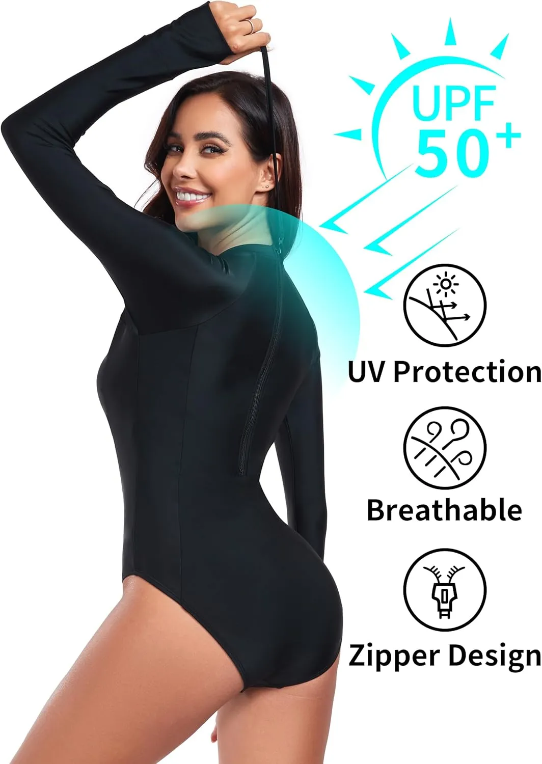 RELLECIGA Women's Long Sleeve UV Protection Rash Guard Zipper Athletic Surfing Swimwear